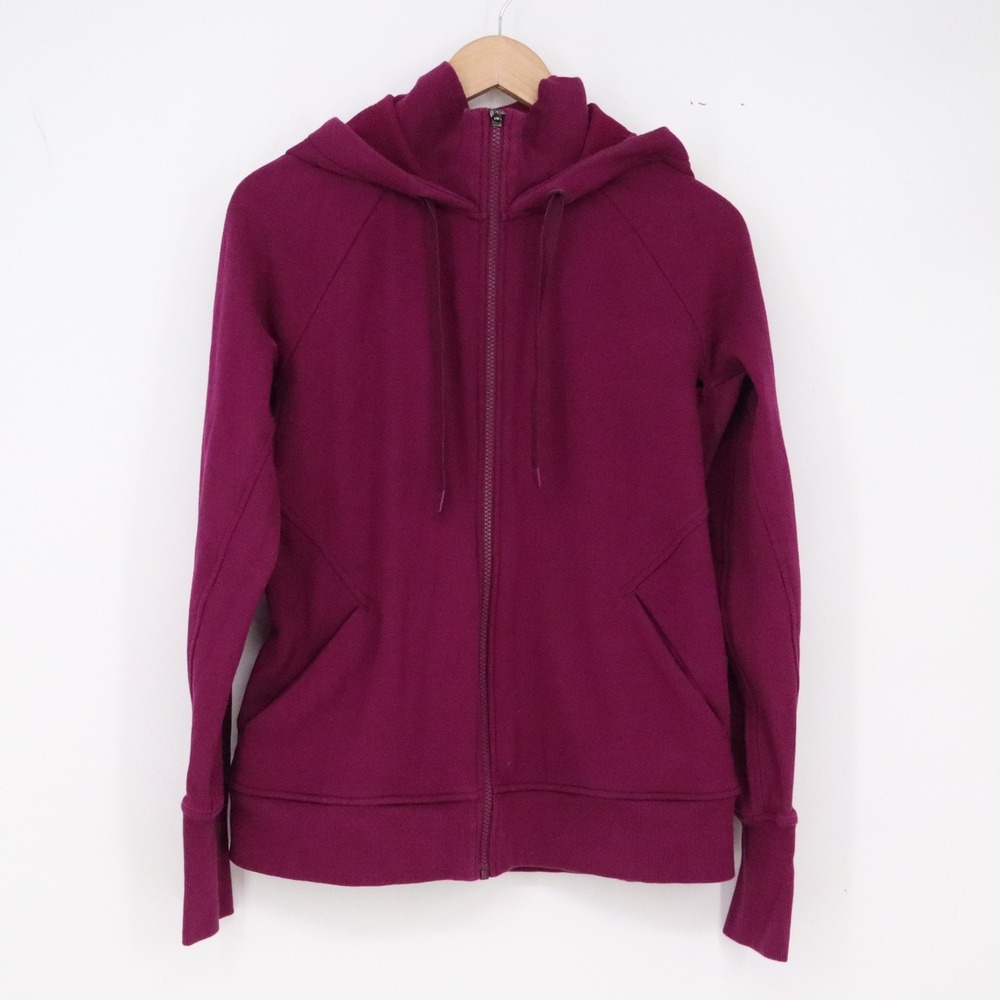 Athleta Hoodie Womens M Full Zip Purple Ribbed Trim Pockets FLAW